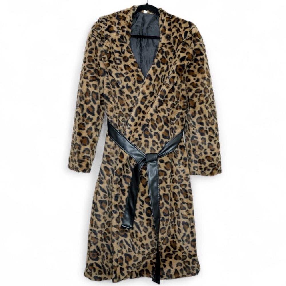Leopard Print Faux Fur Coat with Black Belt